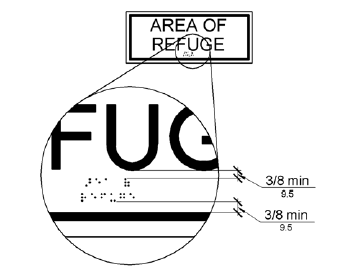 An enlarged detail shows Braille dots positioned 3/8 inch (9.5 mm) minimum below tactile letters and 3/8 inch (9.5 mm) minimum separation from the sign border.