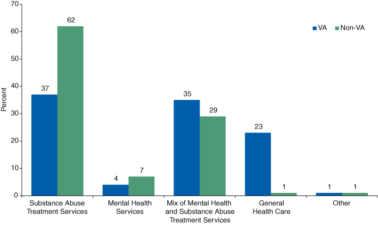 Bar chart comparing Percentage of Substance Abuse Treatment Facilities, by Primary Focus and Facility Operation in 2007. Accessible table below.