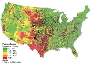 Map of the United states that shows the pasture/range of cattle by county. Counties in the Great Plains tend to have the largest percentage of the county dedicated to pastures and ranges. Similarly the density of dots that represent 10,000 cattle are mostly concentrated in the center of the country.