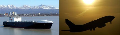 Date: 08/31/2011 Description: The new Totem Ocean Trailer Express cargo ship, named the Midnight Sun cruises past the city of Anchorage, Alaska as it leaves the Port of Anchorage. A Southwest Airlines Boeing 737 departs Chicago's Midway Airport.  © AP Images