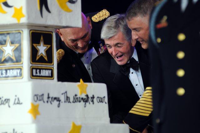Chief of Staff of the Army Gen. Ray Odierno, Secretary of the Army John McHugh, and Sgt. Maj. of the Army Raymond F. Chandler III cut the Army birthday cake at the 2012 Army Birthday Ball, June 16, 2012, in Washington, D.C.