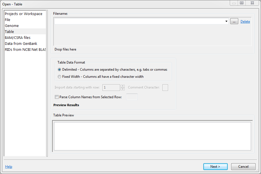 select table from the left-hand menu of the open dialog