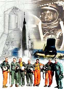 Images from the Mercury program including astronaut in spacesuit, rocket, drawings and Mercury 7 astronauts.