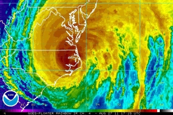 Hurricane Irene as it makes landfall in North Carolina on August 27, 2011