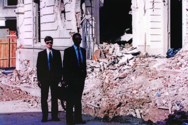 March 1992:  A DS special agent and ATF forensic chemist stand at the site of the 1992 Israeli Embassy bombing in Buenos Aires.  They are part of the U.S. investigation team sent to help the Government of Argentina resolve the case.  (Source: Bureau of Alcohol, Tobacco, and Firearms)  