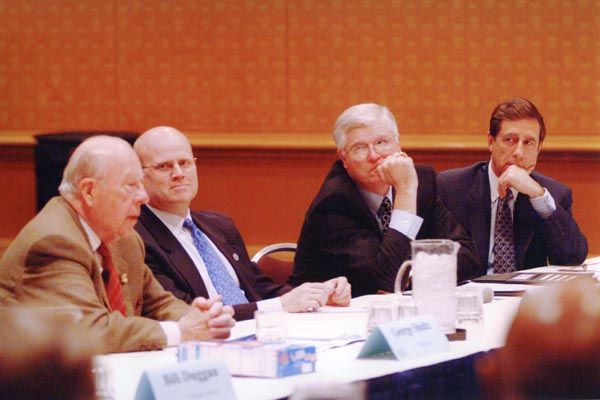 February 24, 2004:  Former Secretary of State George P. Shultz (left) addresses an Overseas Security Advisory Council executive council meeting including (left to right) the Diplomatic Security Service Director, the director of corporate security for DuPont, and the executive vice president of Citigroup's Security and Investigative Services. (Source: DS Records)