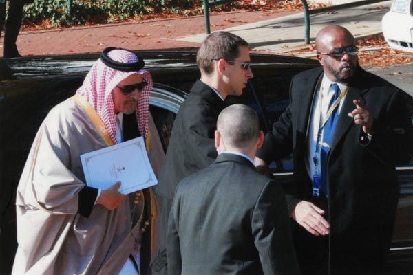 November 27, 2007:  DS special agents provide security for the Saudi Foreign Minister, His Royal Highness Saud Al-Faisal, as he arrives at the Annapolis Conference to discuss Middle East peace held at the U.S. Naval Academy. (Source: DS Records)
