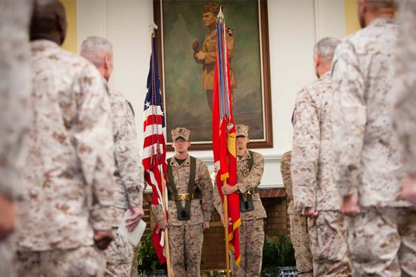 U.S. Marine Corps and Navy senior leadership take part in the deactivation ceremony for II Marine Expeditionary Force (MEF) (Forward), April 18, 20112, at Marine Corps Base Camp Lejeune, N.C. The ceremony officially marked the end of II MEF's (Forward) service after the unit's year-long deployment to Afghanistan, during which time it served as the headquarters element of NATO's Regional Command Southwest. (DoD photo by Cpl. James Clark, U.S. Marine Corps/Released)