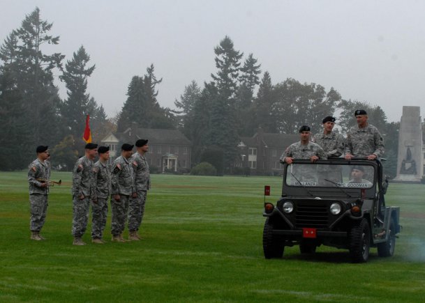 (In vehicle, from left to right) Col. Thomas Britian, 7th Infantry Division chief of staff; Maj. Gen. Stephen R. Lanza, 7th Inf. Div. commanding general; and I Corps Command General Lt. Gen. Robert Brown, inspect troops from the division's five subordinate brigades -- three Stryker brigades, one aviation brigade and one artillery brigade -- during the reactivation ceremony for the "Bayonet Division," Oct. 10, 2012, at Watkins Parade Field, Joint Base Lewis-McChord, Wash.