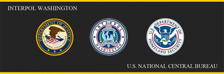 Interpol Washington U.S. National Central Bureau, U.S. Department of Justice Seal, INTERPOL Washington Seal, U.S. Department of Homeland Security Seal