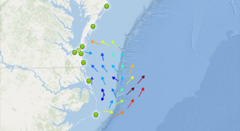 Surface Current velocities and direction presented on an high frequency radar map