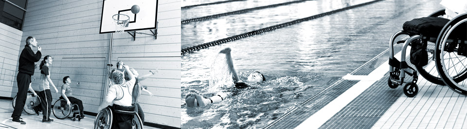 Photo of man coaching kids in wheelchairs playing basketball and a photo of a girl swimming with her wheelchair next to the pool