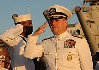 Adm. Bill Gortney, commander of U.S. Fleet Forces Command, hosts the 237th U.S. Navy birthday celebration aboard the Battleship Wisconsin.