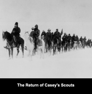 The Return of Casey's Scouts on horseback through the snow