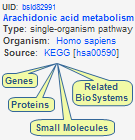 Example of the data available in the NCBI BioSystems database, which lists and categorizes the components of metabolic pathways, including the genes, proteins, and small molecules, and identifies related biosystems.  Click on the image to read more about the BioSystems database.