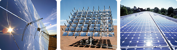 A collage of solar photographs. The first photo shows a parabolic solar trough at the Eldorado Valley site. The second is of a gird-tied high-concentration solar cell MicroDish. And the third photo shows the photovoltaic panels at Oberlin College's Adam Joseph Lewis Center for Environmental studies.