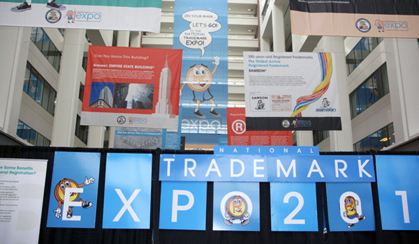 Banners and posters hanging inside a USPTO building