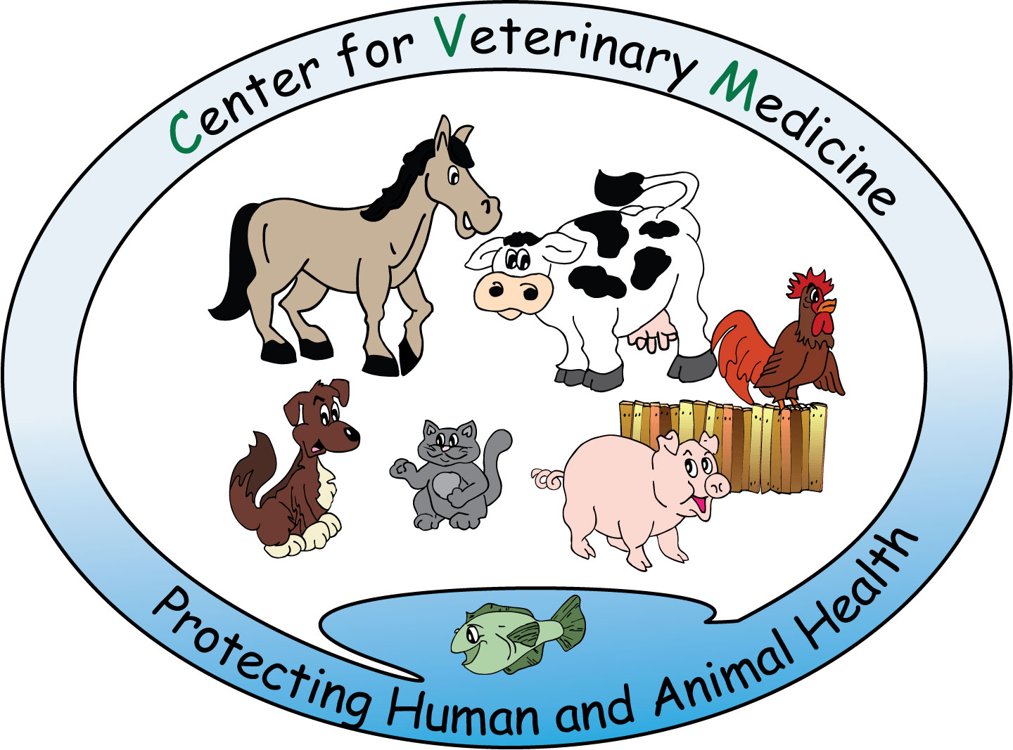 CVM logo with cartoon animals