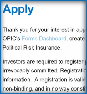 Screenshot of OPIC's application page