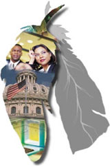 Graphic depicting a shield with feathers and American Indian and Alaska Native faces, a Totem Pole, and the dome of the Capitol Building in Washington D.C.