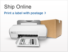 Ship Online. Print a label with postage. Image of a printer with shipping label and box. 