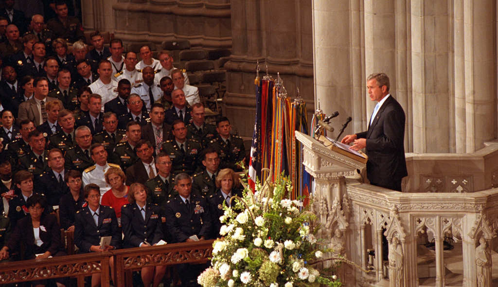 During the newly proclaimed National Day of Prayer and Remembrance, President George W. Bush addresses the congregation and the nation, September 14, 2001, at the National Cathedral in Washington, D.C. (P7347-15)