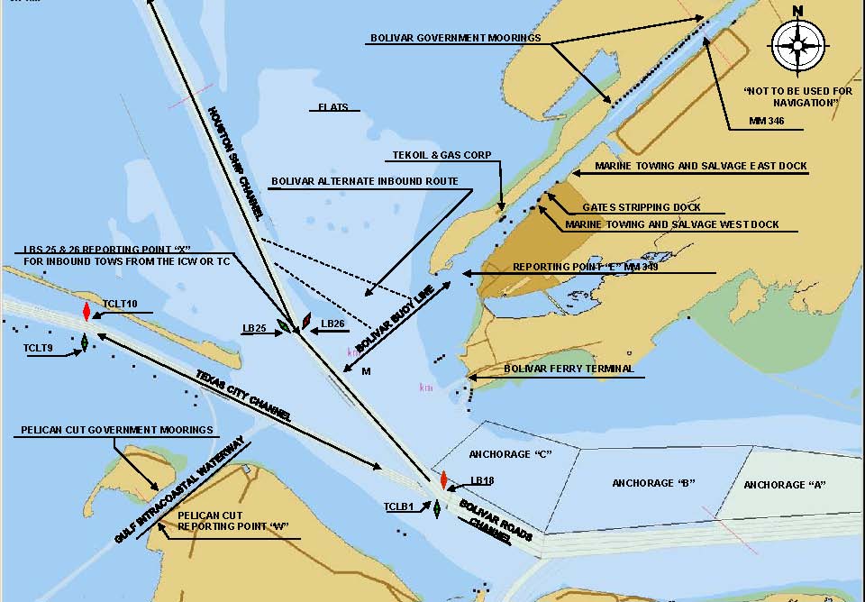 Figure 1. Chart extract from Vessel Traffic Service (VTS) Houston-Galveston with location of collision circled in red.