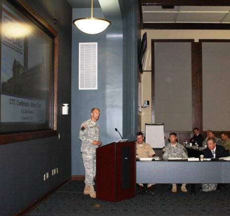 Col. Michael Barbee, director of the Combat Training Center Directorate, addresses the CTC Commanders Conference at Fort Leavenworth, Kansas