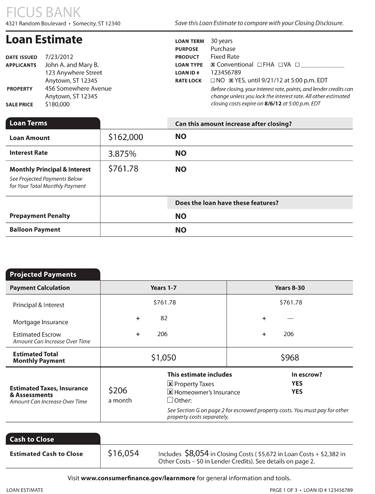 The first page of the proposed three-page loan estimate