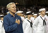 Secretary of the Navy (SECNAV) Ray Mabus sings along to the national anthem before a Major League Baseball game between the San Diego Padres and the Los Angeles Dodgers at Petco Park.