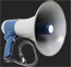side view of a blue and white megaphone