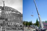 Berkeley Lab's iconic building, the Advanced Light Source, is getting a new cool roof, righ, that will reflect sunlight back into the atmosphere, playing a small part in mitigating global warming. On left, Ernest Orlando Lawrence talks to colleagues at the construction site of the cyclotron, built in 1941. | Courtesy of Lawrence Berkeley National Laboratory; Roy Kaltschmidt, Berkeley Lab Public Affairs