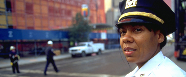 A New York Police Department officer guards the area around the site of the World Trade Center.