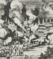 Included in this highly imaginative view of the British invasion of Washington, August 24-25, 1814, is the Public Building West of the White House (marked I).