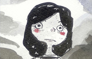 A cartoon picture of a girl's face surrounded by dark clouds.