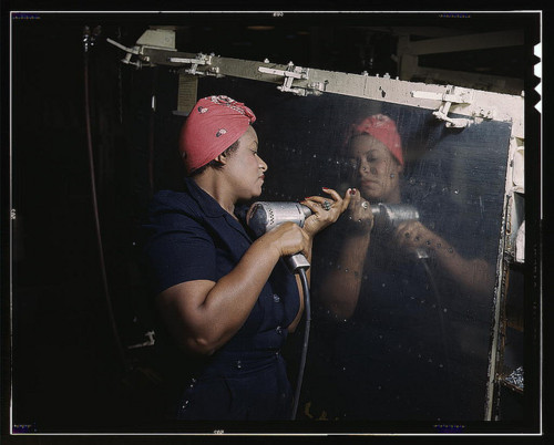 Image description: This photograph from 1943 shows a woman in Tennessee operating a hand drill while working on a &#8220;Vengeance&#8221; dive bomber.
Image courtesy of the Library of Congress Prints and Photographs Division