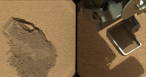 This pairing illustrates the first time that NASA's Mars rover Curiosity collected a scoop of soil on Mars.