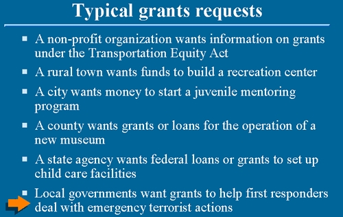 Typical grants requests:  (1) A non-profit organization wants information on grants under the Transportation Equity Act; (2) A rural town wants funds to build a recreation center; (3) a city wants money to start a juvenile mentoring program; (4) A county wants grants or loans for the operation of a new museum; (5) A state agency wants federal loans or grants to set up child care facilities; (6) Local governments want grants to help first responders deal with emergency terrorist actions
