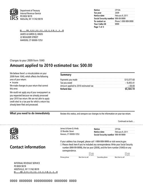 Image of page 1 of a printed IRS CP10A Notice