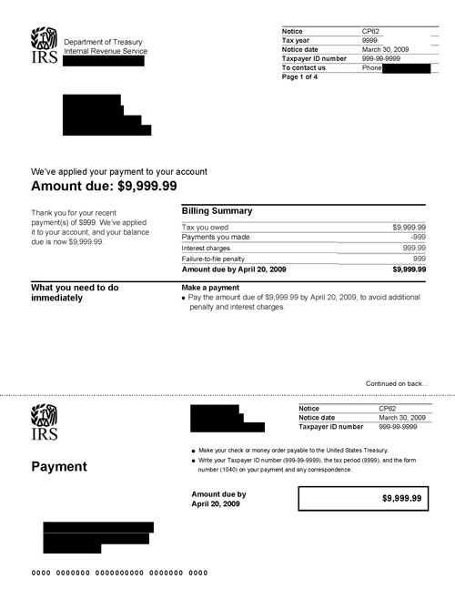 Image of page 1 of a printed IRS CP62 Notice