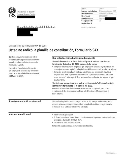 Image of page 1 of a printed IRS CP959 Notice