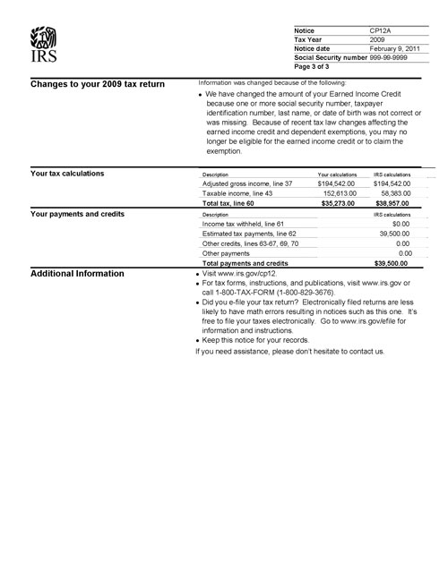 Image of page 3 of a printed IRS CP12A Notice