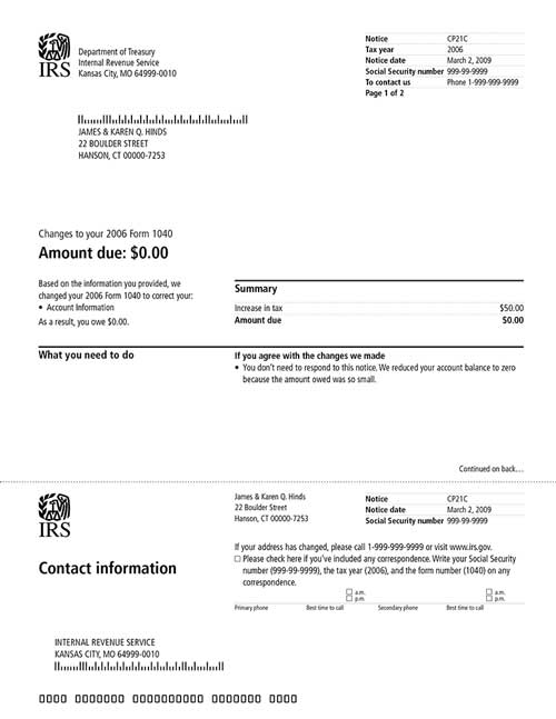 Image of page 1 of a printed IRS CP21C Notice