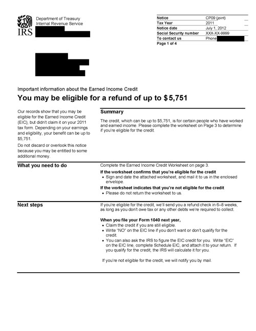 Image of page 1 of a printed IRS CP09 Notice