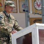 U.S. Army Col. Marlin L. Remigio, the new commander of Regional Support Command-Capital gives a short speech during his assumption of command ceremony July 2, at Camp Phoenix, Kabul, Afghanistan.