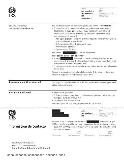 Image of page 2 of a printed IRS CP721 Notice