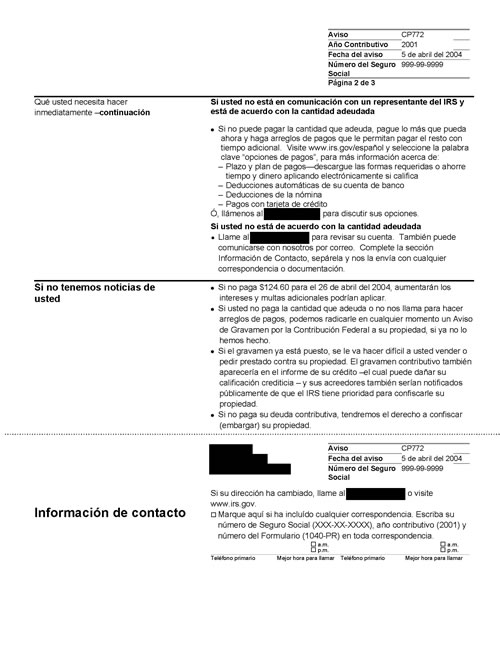 Image of page 2 of a printed IRS CP772 Notice