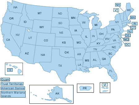 Map of the United States and territories