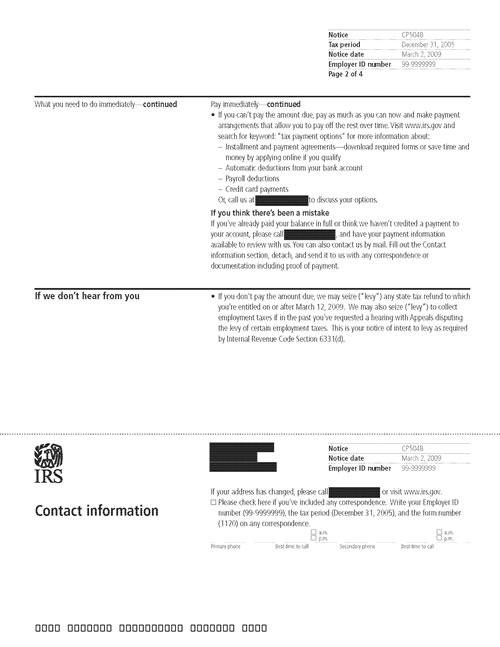 Image of page 2 of a printed IRS CP504B Notice