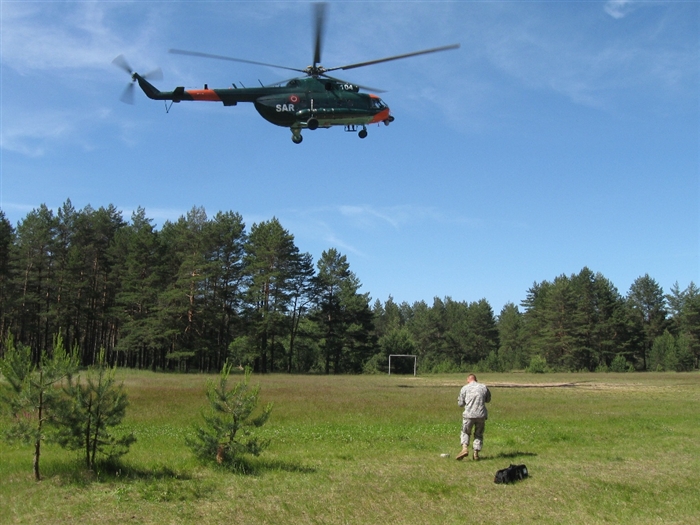 An Mi-17 helicopter lands at the Adazi training area soccer field to pickup the U.S. Air Force JTACs team for an afternoon of training, June 14. Saber Strike 2012 is a U.S. Army Europe led, multinational exercise based in Estonia and Latvia. 